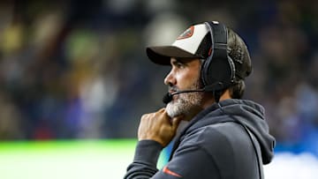 Aug 24, 2024; Seattle, Washington, USA; Cleveland Browns head coach Kevin Stefanski watches a play against the Seattle Seahawks during the second quarter at Lumen Field. Mandatory Credit: Joe Nicholson-Imagn Images