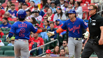 May 4, 2025; St. Louis, Missouri, USA; New York Mets second baseman Luisangel Acuna (2, left) and New York Mets second baseman Jeff McNeil (1) congratulate each other at home plate after scoring in the eighth inning on a single byNew York Mets shortstop Francisco Lindor (12, not shown) at Busch Stadium. Mandatory Credit: Tim Vizer-Imagn Images