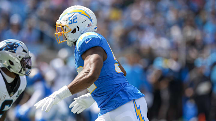 Sep 15, 2024; Charlotte, North Carolina, USA; Los Angeles Chargers Khalil Mack (52) moves on the field against the Carolina Panthers during the second quarter at Bank of America Stadium. Mandatory Credit: Jim Dedmon-Imagn Images Sep 15, 2024; Charlotte, North Carolina, USA; Los Angeles Chargers Khalil Mack (52) moves on the field against the Carolina Panthers during the second quarter at Bank of America Stadium. Mandatory Credit: Jim Dedmon-Imagn Images