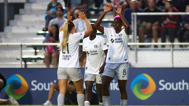 Bay FC forward Asisat Oshoala celebrates with teammates Bay FC forward Asisat Oshoala celebrates with teammates