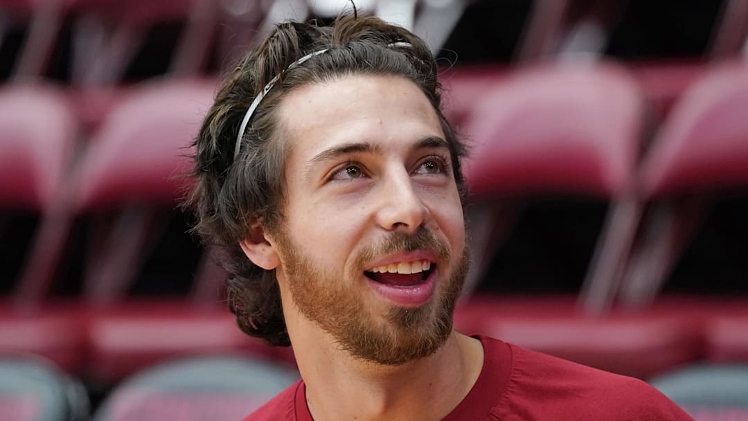 Dec 7, 2025; Stanford, California, USA;  Stanford Cardinal guard Benny Gealer (5) talks with fans before the game against the UNLV Runnin' Rebels at Maples Pavilion. Mandatory Credit: David Gonzales-Imagn Images