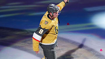 Apr 29, 2025; Las Vegas, Nevada, USA; Vegas Golden Knights center Jack Eichel (9) is named Second Star of the Game after the Golden Knights defeated the Minnesota Wild 3-2 in an overtime period of game five of the first round of the 2025 Stanley Cup Playoffs at T-Mobile Arena. Mandatory Credit: Stephen R. Sylvanie-Imagn Images