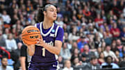 Mar 29, 2025; Spokane, WA, USA; Kansas State Wildcats guard Zyanna Walker (1) rebounds against the USC Trojans during the second half of a Sweet 16 NCAA Tournament basketball game against the Kansas State Wildcats at Spokane Arena.