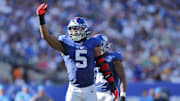 Sep 28, 2025; East Rutherford, New Jersey, USA; New York Giants linebacker Kayvon Thibodeaux (5)reacts during the fourth quarter against the Los Angeles Chargers at MetLife Stadium. Mandatory Credit: Brad Penner-Imagn Images