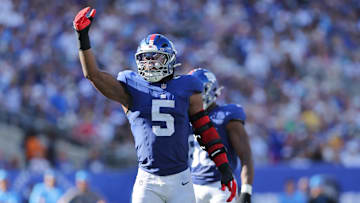 Sep 28, 2025; East Rutherford, New Jersey, USA; New York Giants linebacker Kayvon Thibodeaux (5)reacts during the fourth quarter against the Los Angeles Chargers at MetLife Stadium. Mandatory Credit: Brad Penner-Imagn Images