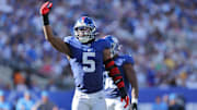 Sep 28, 2025; East Rutherford, New Jersey, USA; New York Giants linebacker Kayvon Thibodeaux (5)reacts during the fourth quarter against the Los Angeles Chargers at MetLife Stadium. Mandatory Credit: Brad Penner-Imagn Images