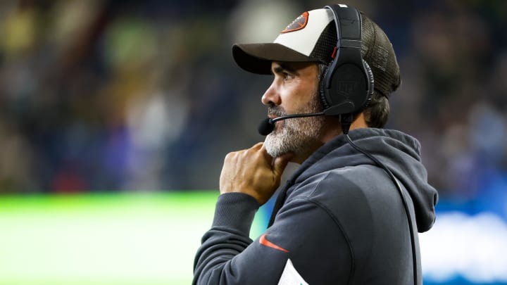 Aug 24, 2024; Seattle, Washington, USA; Cleveland Browns head coach Kevin Stefanski watches a play against the Seattle Seahawks during the second quarter at Lumen Field. Mandatory Credit: Joe Nicholson-USA TODAY Sports