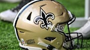 Nov 12, 2023; Minneapolis, Minnesota, USA; A New Orleans Saints helmet during the game between the Minnesota Vikings and the New Orleans Saints at U.S. Bank Stadium. Mandatory Credit: Jeffrey Becker-Imagn Images
