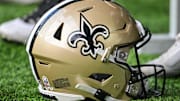 Nov 12, 2023; Minneapolis, Minnesota, USA; A New Orleans Saints helmet during the game between the Minnesota Vikings and the New Orleans Saints at U.S. Bank Stadium. Mandatory Credit: Jeffrey Becker-Imagn Images