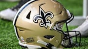 Nov 12, 2023; Minneapolis, Minnesota, USA; A New Orleans Saints helmet during the game between the Minnesota Vikings and the New Orleans Saints at U.S. Bank Stadium. Mandatory Credit: Jeffrey Becker-Imagn Images