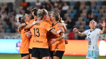 Aug 1, 2024; Houston, Texas, USA; Houston Dash forward Diana Ordonez (9) celebrates a goalwith teammates in the second half against Pachuca at Shell Energy Stadium. Mandatory Credit: Maria Lysaker-USA TODAY Sports