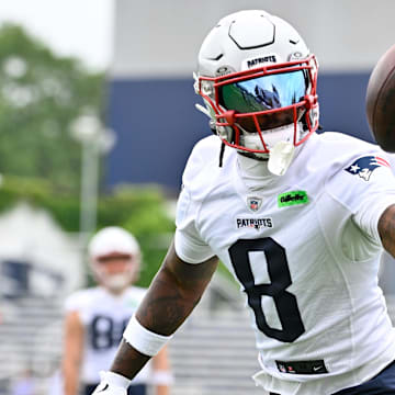 Jun 9, 2025; Foxborough, MA, USA; New England Patriots wide receiver Stefon Diggs (8) tries to catch the ball during minicamp at Gillette Stadium. Mandatory Credit: Eric Canha-Imagn Images