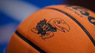 Dec 22, 2023; Lawrence, Kansas, USA; A detail view of the logo on basketballs prior to a game between the Kansas Jayhawks and Yale Bulldogs at Allen Fieldhouse. Mandatory Credit: Denny Medley-USA TODAY Sports