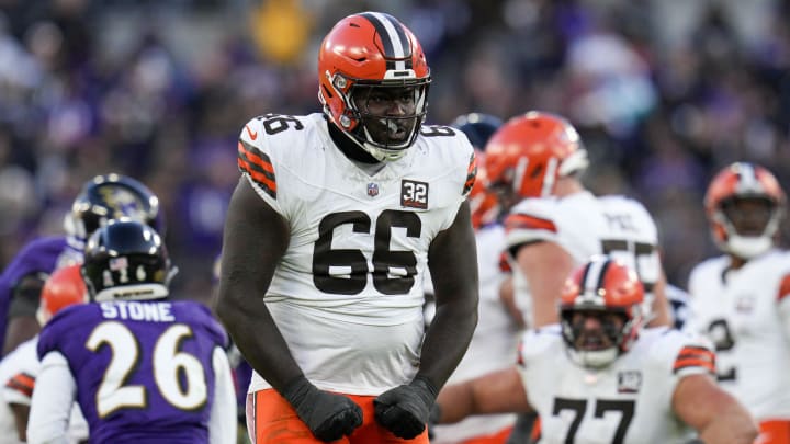 Nov 12, 2023; Baltimore, Maryland, USA;  Cleveland Browns offensive tackle James Hudson III (66) celebrates a first down against the Baltimore Ravens during the second half at M&T Bank Stadium. Mandatory Credit: Jessica Rapfogel-USA TODAY Sports