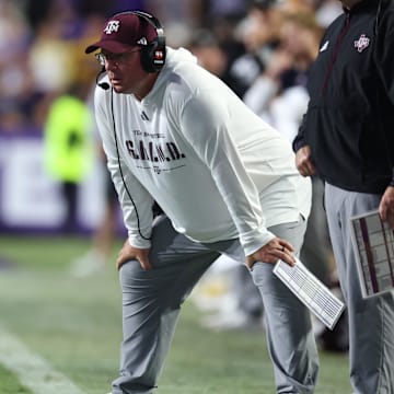 Oct 25, 2025; Baton Rouge, Louisiana, USA; Texas A&M Aggies head coach Mike Elko during the first half against the Louisiana State Tigers at Tiger Stadium. Mandatory Credit: Stephen Lew-Imagn Images