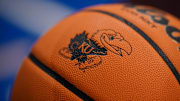 Dec 22, 2023; Lawrence, Kansas, USA; A detail view of the logo on basketballs prior to a game between the Kansas Jayhawks and Yale Bulldogs at Allen Fieldhouse. Mandatory Credit: Denny Medley-Imagn Images