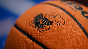 Dec 22, 2023; Lawrence, Kansas, USA; A detail view of the logo on basketballs prior to a game between the Kansas Jayhawks and Yale Bulldogs at Allen Fieldhouse. Mandatory Credit: Denny Medley-Imagn Images