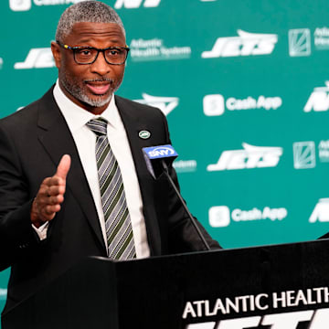 Aaron Glenn is introduced as the new head coach of the New York Jets at a press conference at the Atlantic Health Jets Training Center on Jan. 27, 2025. Glenn, who played eight seasons with the Jets, had been the Lions' defensive coordinator since 2021.