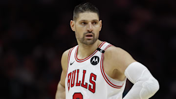 Apr 6, 2025; Charlotte, North Carolina, USA; Chicago Bulls center Nikola Vucevic (9) stands on the court during the second half against the Charlotte Hornets at Spectrum Center. Mandatory Credit: Nell Redmond-Imagn Images