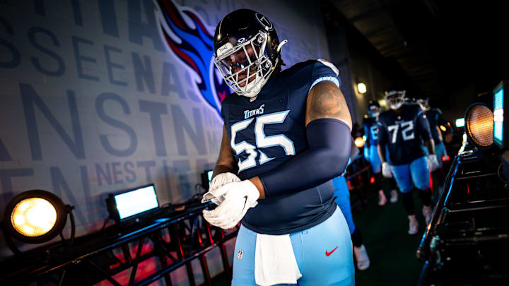 Tennessee Titans offensive tackle JC Latham (55) heads ot the field before a game against the New England Patriots at Nissan Stadium in Nashville, Tenn., Sunday, Nov. 3, 2024. Tennessee Titans offensive tackle JC Latham (55) heads ot the field before a game against the New England Patriots at Nissan Stadium in Nashville, Tenn., Sunday, Nov. 3, 2024.