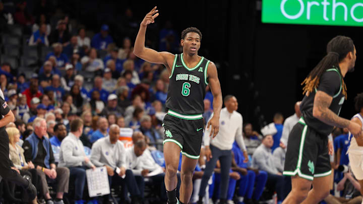 Jan 5, 2025; Memphis, Tennessee, USA; North Texas Mean Green forward Brenen Lorient (6) reacts after a three point basket against the Memphis Tigers during the first half at FedExForum. Mandatory Credit: Wesley Hale-Imagn Images Jan 5, 2025; Memphis, Tennessee, USA; North Texas Mean Green forward Brenen Lorient (6) reacts after a three point basket against the Memphis Tigers during the first half at FedExForum. Mandatory Credit: Wesley Hale-Imagn Images