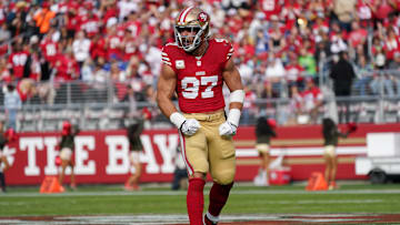 Nov 17, 2024; Santa Clara, California, USA; San Francisco 49ers defensive end Nick Bosa (97) celebrates after sacking Seattle Seahawks quarterback Geno Smith (7) in the first quarter at Levi's Stadium.