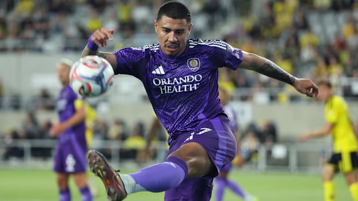 Apr 12, 2026; Columbus, Ohio, USA;  Orlando City SC defender Iago Teodoro da Silva Nogueira (57) kicks the ball upfield during the second half against the Columbus Crew at ScottsMiracle-Gro Field. Mandatory Credit: Joseph Maiorana-Imagn Images