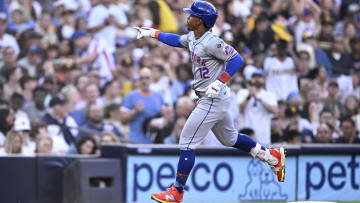 Aug 24, 2024; San Diego, California, USA; New York Mets shortstop Francisco Lindor (12) rounds the bases after hitting a grand slam home run against the San Diego Padres during the fourth inning at Petco Park. Mandatory Credit: Orlando Ramirez-USA TODAY Sports