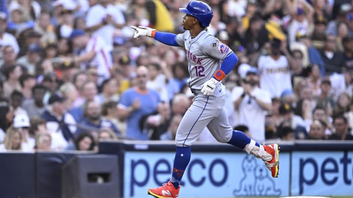 Aug 24, 2024; San Diego, California, USA; New York Mets shortstop Francisco Lindor (12) rounds the bases after hitting a grand slam home run against the San Diego Padres during the fourth inning at Petco Park. Mandatory Credit: Orlando Ramirez-USA TODAY Sports