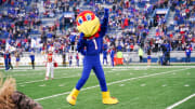 Nov 11, 2023; Lawrence, Kansas, USA; The Kansas Jayhawks mascot performs before a game against the Texas Tech Red Raiders at David Booth Kansas Memorial Stadium. Mandatory Credit: Denny Medley-USA TODAY Sports