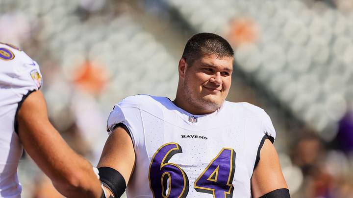 Oct 6, 2024; Cincinnati, Ohio, USA; Baltimore Ravens center Tyler Linderbaum (64) during warmups before the game against the Cincinnati Bengals at Paycor Stadium. Mandatory Credit: Katie Stratman-Imagn Images