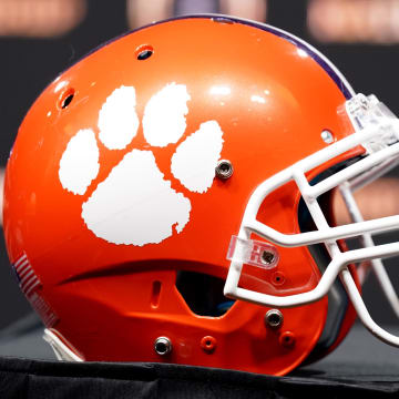 Jan 12, 2020; New Orleans, Louisiana, USA; A Clemson Tigers helmet on display before the head coaches press conference for the CFP with LSU Tigers head coach Ed Orgeron and Clemson Tigers head coach Dabo Swinney at the Sheraton New Orleans, Grand Ballroom.