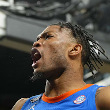Apr 7, 2025; San Antonio, TX, USA; Florida Gators guard Alijah Martin (15) reacts after a play against the Houston Cougars during the second half of the national championship game of the Final Four of the 2025 NCAA Tournament at the Alamodome. Mandatory Credit: Bob Donnan-Imagn Images