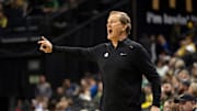 Oregon head coach Dana Altman calls to his team as the Oregon Ducks host the South Dakota State Jackrabbits on Nov. 12, 2025, at Matthew Knight Arena in Eugene, Oregon.
