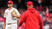 Cincinnati Reds pitcher Ian Gibaut (79) is pulled by manner Terry Francona after giving up a go-ahead three-run home run to San Francisco Giants designated hitter Wilmer Flores (41) in the top of the ninth inning of the MLB Opening Day game between the Cincinnati Reds and the San Francisco Giants at Great American Ball Park in downtown Cincinnati on Thursday, March 27, 2025. The Giants won 6-4.