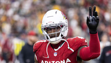 Oct 19, 2025; Glendale, Arizona, USA; Arizona Cardinals linebacker Akeem Davis-Gaither (27) against the Green Bay Packers at State Farm Stadium. Mandatory Credit: Mark J. Rebilas-Imagn Images