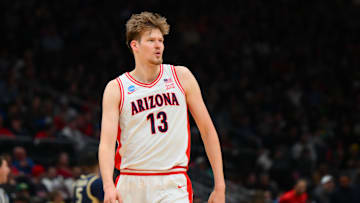 Mar 21, 2025; Seattle, WA, USA; Arizona Wildcats forward Henri Veesaar (13) reacts against the Akron Zips during the second half in the first round of the NCAA Tournament at Climate Pledge Arena. 