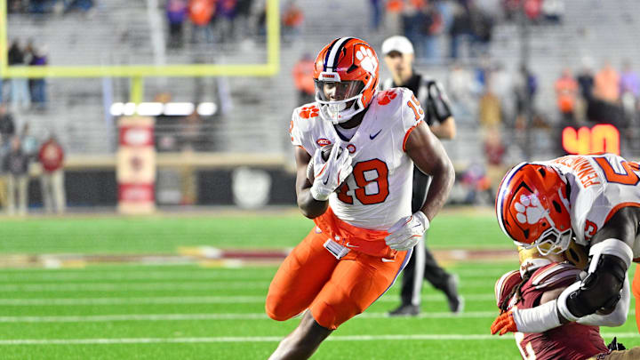 Oct 11, 2025; Chestnut Hill, Massachusetts, USA; Clemson Tigers running back Keith Adams Jr. (19) runs the ball against the Boston College Eagles during the second half at Alumni Stadium. Mandatory Credit: Eric Canha-Imagn Images
