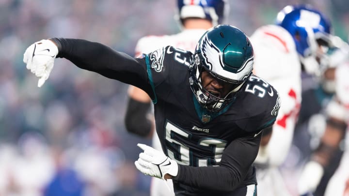 Dec 25, 2023; Philadelphia, Pennsylvania, USA; Philadelphia Eagles linebacker Shaquille Leonard (53) reacts after a defensive stop against the New York Giants during the first quarter at Lincoln Financial Field. Mandatory Credit: Bill Streicher-USA TODAY Sports