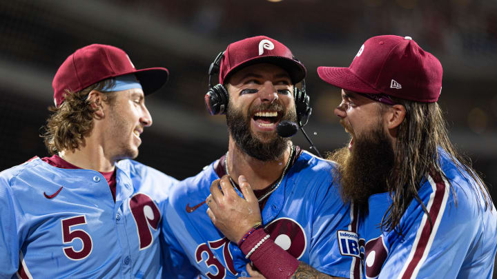 Aug 15, 2024; Philadelphia, Pennsylvania, USA; Philadelphia Phillies outfielder Weston Wilson (37) celebrates with outfielder Brandon Marsh (16) and second base Bryson Stott (5) after hitting for the cycle in a victory against the Washington Nationals at Citizens Bank Park.