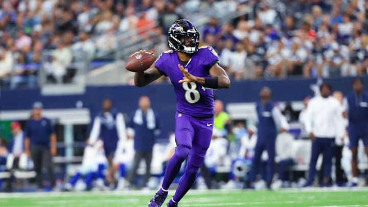 Sep 22, 2024; Arlington, Texas, USA; Baltimore Ravens quarterback Lamar Jackson (8) throws during the first half against the Dallas Cowboys at AT&T Stadium. Mandatory Credit: Kevin Jairaj-Imagn Images