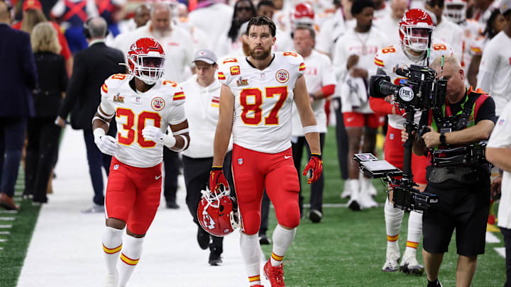 Kansas City Chiefs tight end Travis Kelce (87) walks off the field at the end of the first half of Super Bowl LIX at Caesars Superdome.