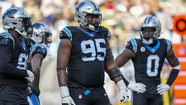 Carolina Panthers defensive tackle Derrick Brown (95) awaiting a snap against the Green Bay Packers 