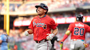 Aug 28, 2025; Philadelphia, Pennsylvania, USA; Atlanta Braves catcher Drake Baldwin (30) reacts after scoring a run against the Philadelphia Phillies in the first inning at Citizens Bank Park. Mandatory Credit: Kyle Ross-Imagn Images