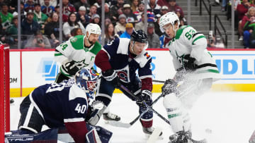 Apr 7, 2024; Denver, Colorado, USA; Dallas Stars center Wyatt Johnston (53) and Colorado Avalanche