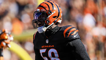 Nov 3, 2024; Cincinnati, Ohio, USA; Cincinnati Bengals defensive end Joseph Ossai (58) runs onto the field before the game against the Las Vegas Raiders at Paycor Stadium. Mandatory Credit: Katie Stratman-Imagn Images