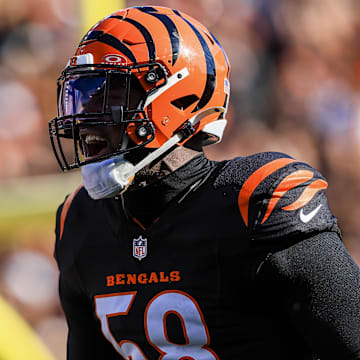 Nov 3, 2024; Cincinnati, Ohio, USA; Cincinnati Bengals defensive end Joseph Ossai (58) runs onto the field before the game against the Las Vegas Raiders at Paycor Stadium. Mandatory Credit: Katie Stratman-Imagn Images