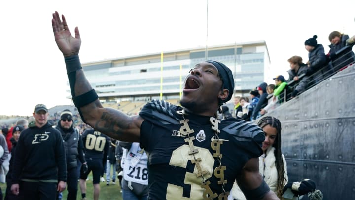 Nov 25, 2023; West Lafayette, Indiana, USA;  Purdue Boilermakers running back Tyrone Tracy Jr. (3) celebrates after the game at Ross-Ade Stadium. 