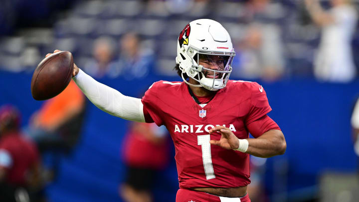 Arizona Cardinals quarterback Kyler Murray throws a pass to warm up before an NFL preseason game.