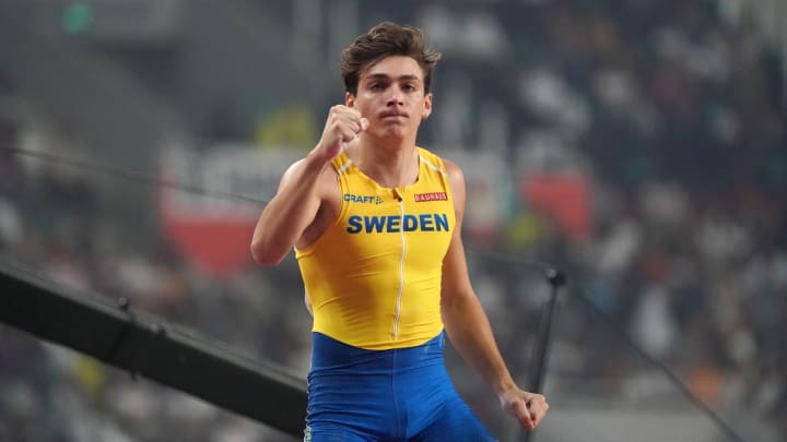 Oct 1, 2019; Doha; Qatar; Mondo Duplantis aka Armand Duplantis (SWE) reacts after placing second in the pole vault at 19-7 (5.97m) during the IAAF World Athletics Championships at Khalifa International Stadium. Mandatory Credit: Kirby Lee-USA TODAY Sports